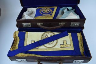 Of masonic interest, two leather masonic cases with Staffordshire embroidererd regalia and