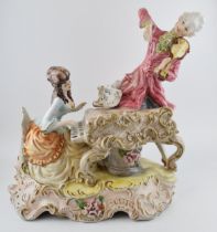A large Capodimonte pottery figural table lamp tableau of musicians, 45cm wide, collection only.