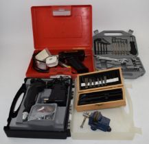 A collection of hobbiest tools to include Dremel, Weller Soldering Kit, vice and tool kit. (5) In