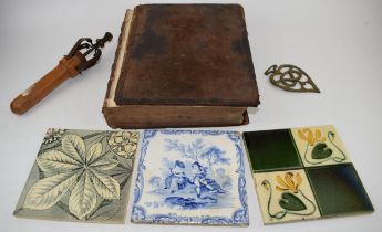An interesting collection of items to include 3 Victorian tiles, one by Smith and Co of Coalville, a