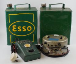 Automobilia to include 2 Esso petrol cans, 1 re-painted, with a pair of vintage battery chargers (