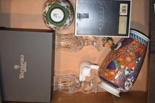 A boxed pair of Waterford Crystal liquer coffee glasses with a boxed Coalport bear, a Goebel