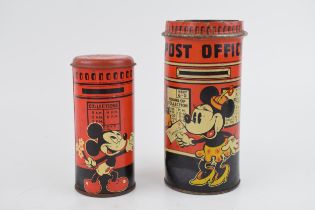 A pair of Happyna Mickey Mouse money boxes to include a postbox example with lid, 12cm tall, with