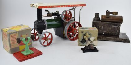 A Mamod TE 1A Traction Engine, live steam vintage toy together with boxed Mamod Miniature Grinding