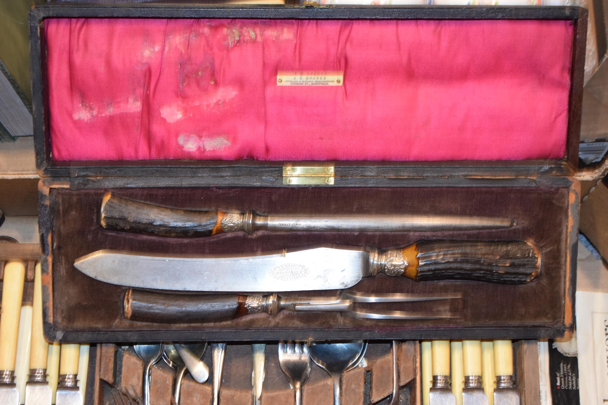 A carving set by J. G. Graves of Sheffield in original velvet lined box. Together with a canteen - Image 2 of 4