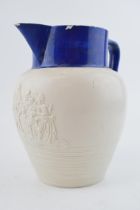 An early 19th century feldspathic porcelain large tavern scene jug with blue collar, c. 1810-20.