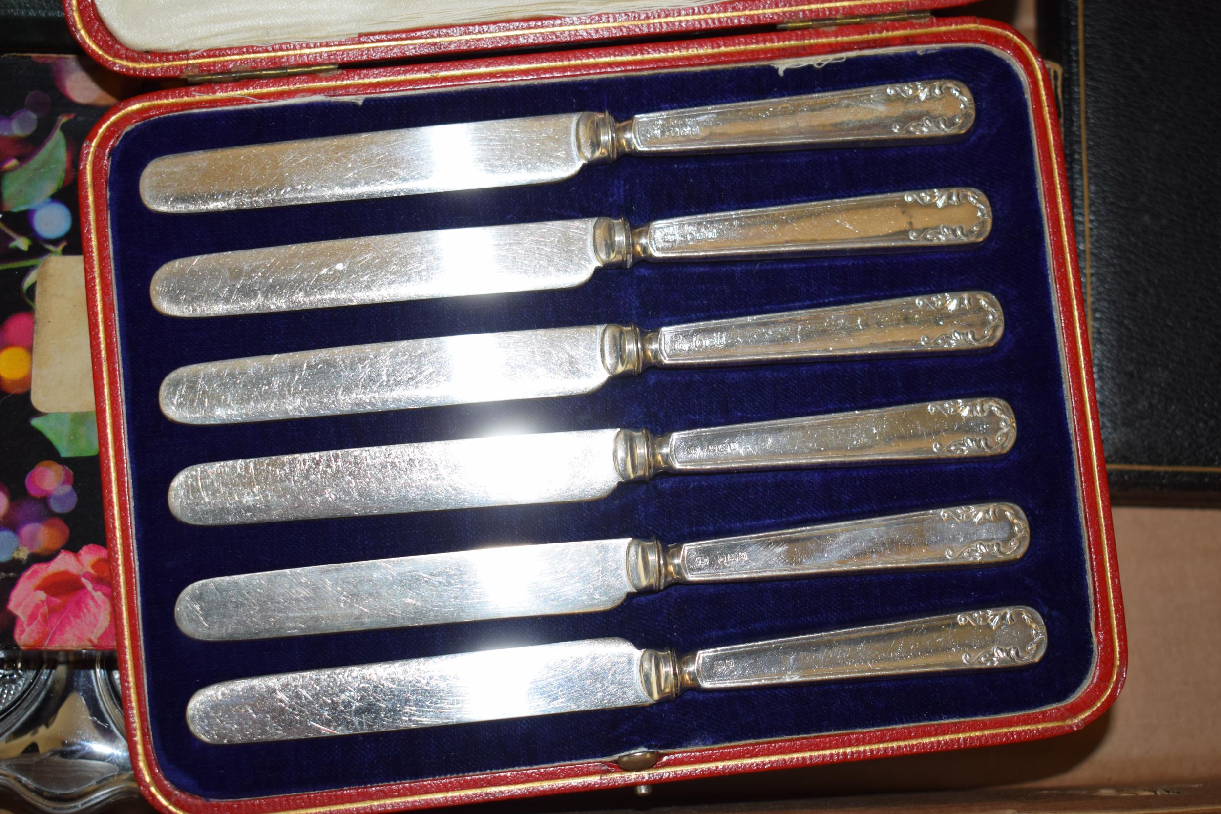 A collection of metalware to include 2 cased sets of 6 silver handled knives, with silver plated - Image 2 of 3