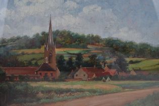 Oil on board, indistinguishable signature to bottom right. Landscape painting with church and houses