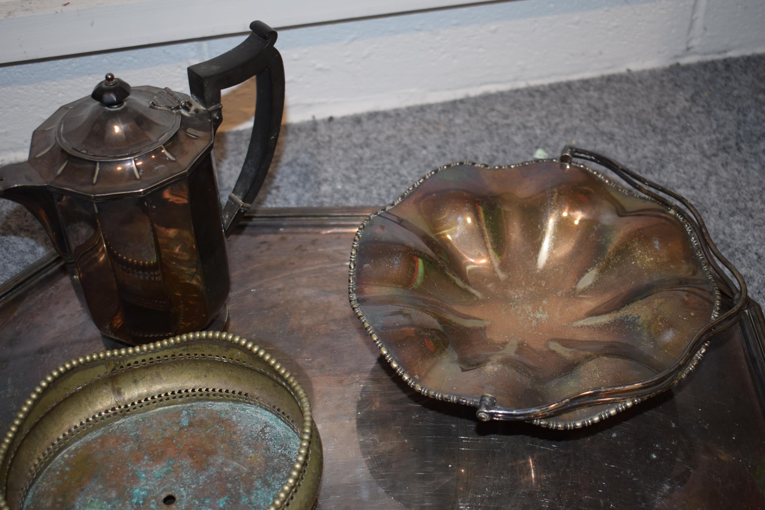 A collection of silver-plated items to include a large Art Deco tray together with a teapot and - Image 2 of 3