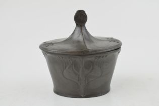 Art Nouveaux lidded pewter pot by "Kayserzinn" 4402. Stylised floral design repeated on lid.