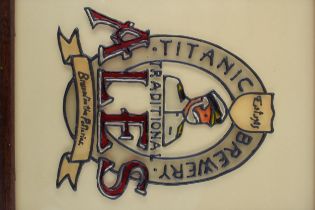 Vintage handmade Titanic Brewery advertising on glass panel, framed, 33 x 28cm. Collection only.