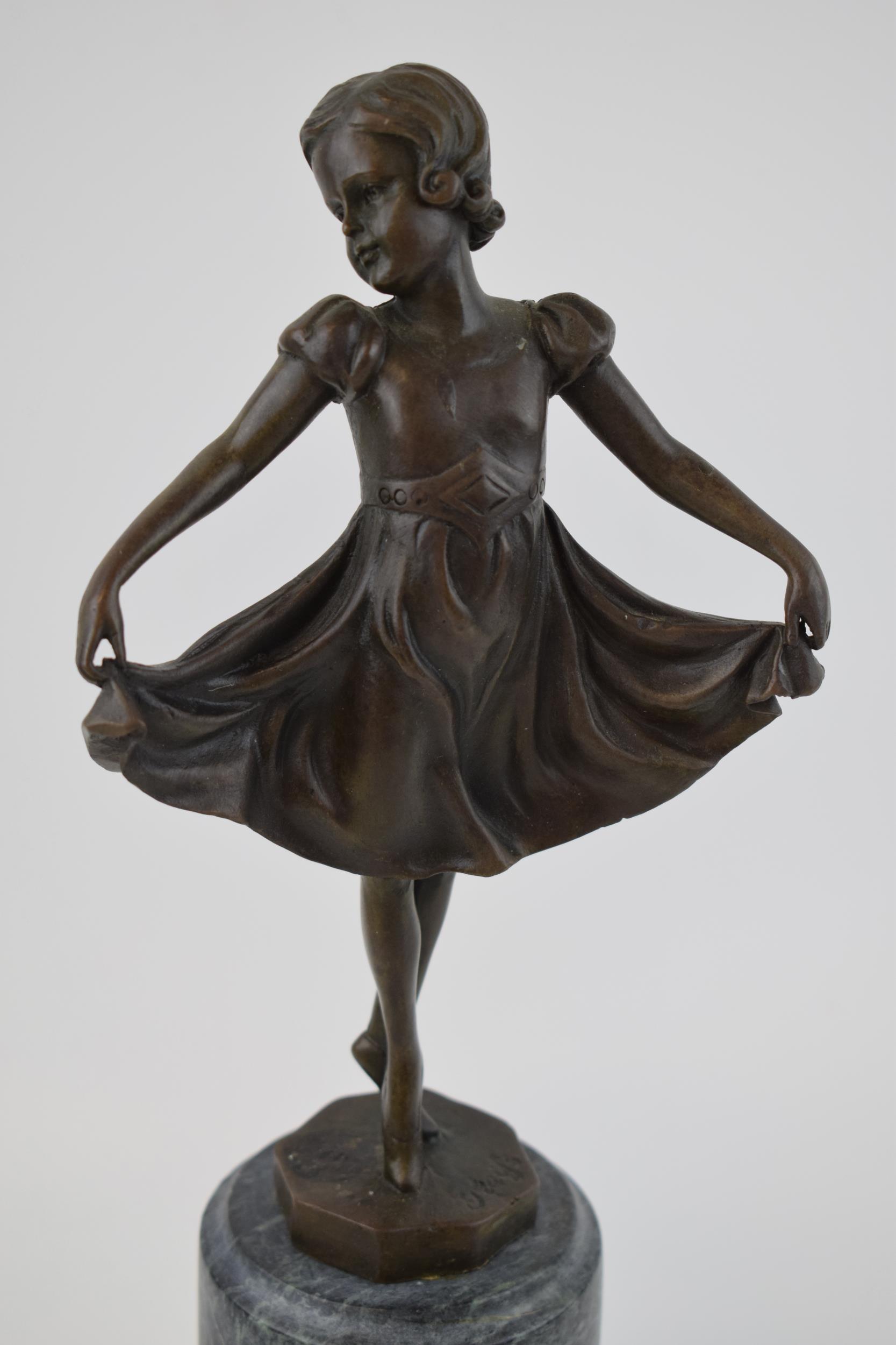 A spelter figure mounted onto a marble base in the form of a girl holding her dress, 32cm tall, - Image 2 of 3