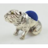 Sterling silver pin cushion in the form of a bulldog, with blue velvet cushion, 30mm wide. Modern.