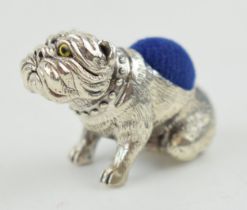 Sterling silver pin cushion in the form of a bulldog, with blue velvet cushion, 30mm wide. Modern.