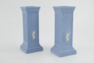 Wedgwood Dancing Hours square column candlesticks, 15cm tall (2). In good condition with no