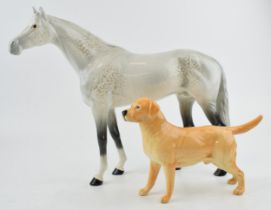 Beswick large racehorse in grey 1564 (chipped ear) with a large labrador (2). In good condition with