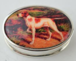 Sterling silver pill box with pointer enamel insert, 3.5cm wide, modern.