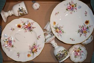 Royal Crown Derby items in the Derby Posies pattern to include a footed bowl, a dinner plate, and