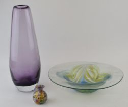 A collection of art glass to include green and blue bowl (diameter 31cm) purple vase (height 36cm)