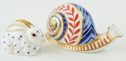 Two Royal Crown Derby paperweights, Snail and Rabbit. First Quality with gold stoppers. (2) Height