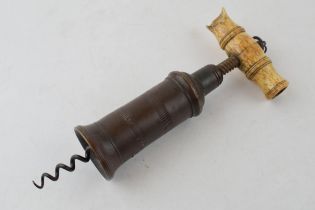 19th Century brass cylinder Thomason type double action corkscrew with turned bone handle (brush