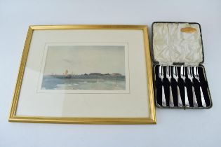 A cased set of 6 silver plated cake forks by Dixon, with a Russell Flint print of a coastal scene (