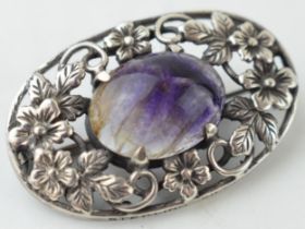 Sterling silver brooch, Arts and Crafts style, set with Blue John insert, 36mm wide.