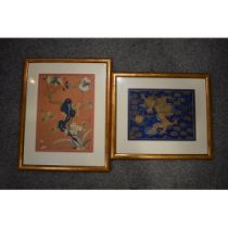 Two Chinese emborideries on silk, one of a dragon and another of a plants in a naturalistic setting.