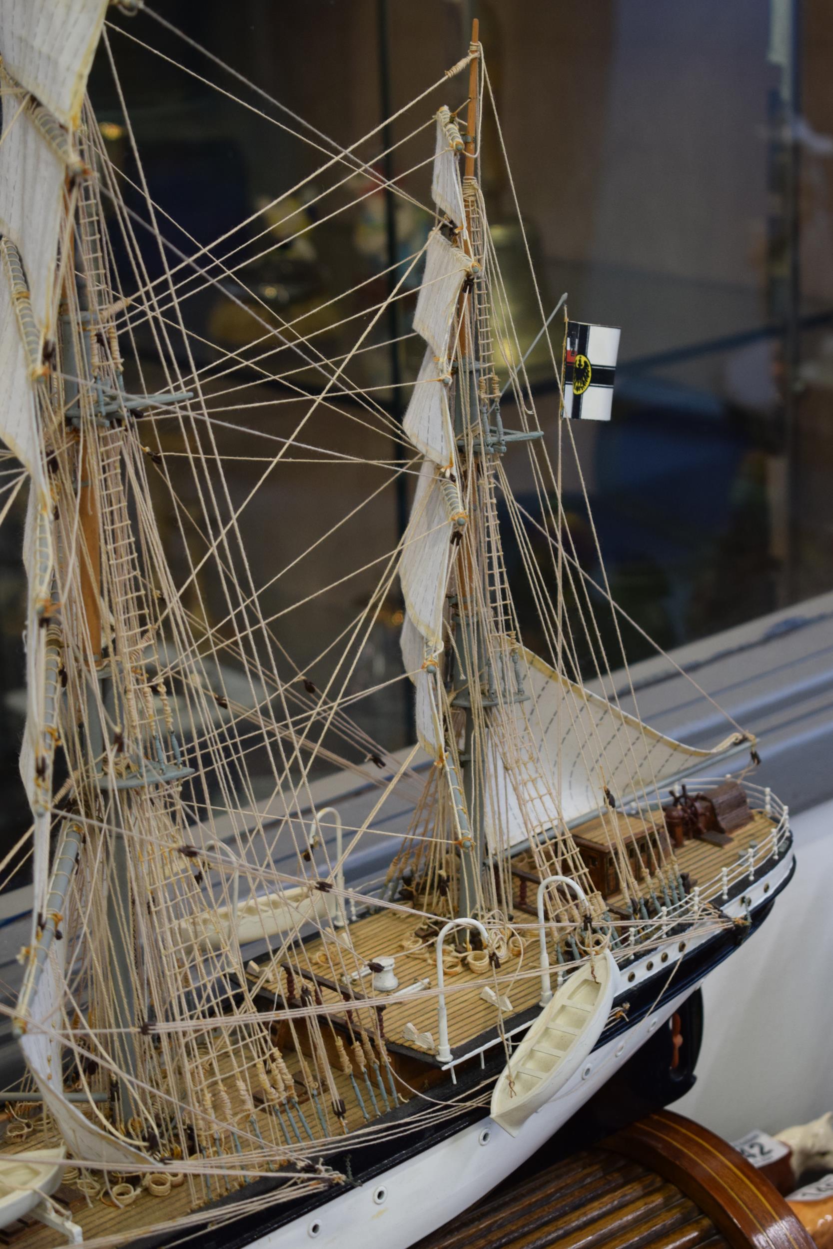 Kit built model of a sailing vessel / galleon, with German flag, mounted onto wooden stand, mostly - Image 5 of 10