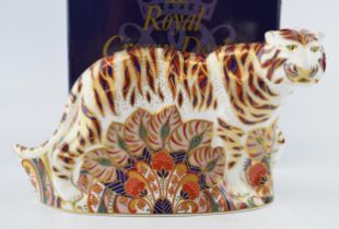 Boxed Royal Crown Derby Bengal Tiger, first quality with gold stopper. In good condition with no