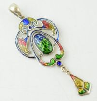 Sterling silver lavalier pendant with enamelled decoration, Art Nouveau style, modern, 6.5cm long.