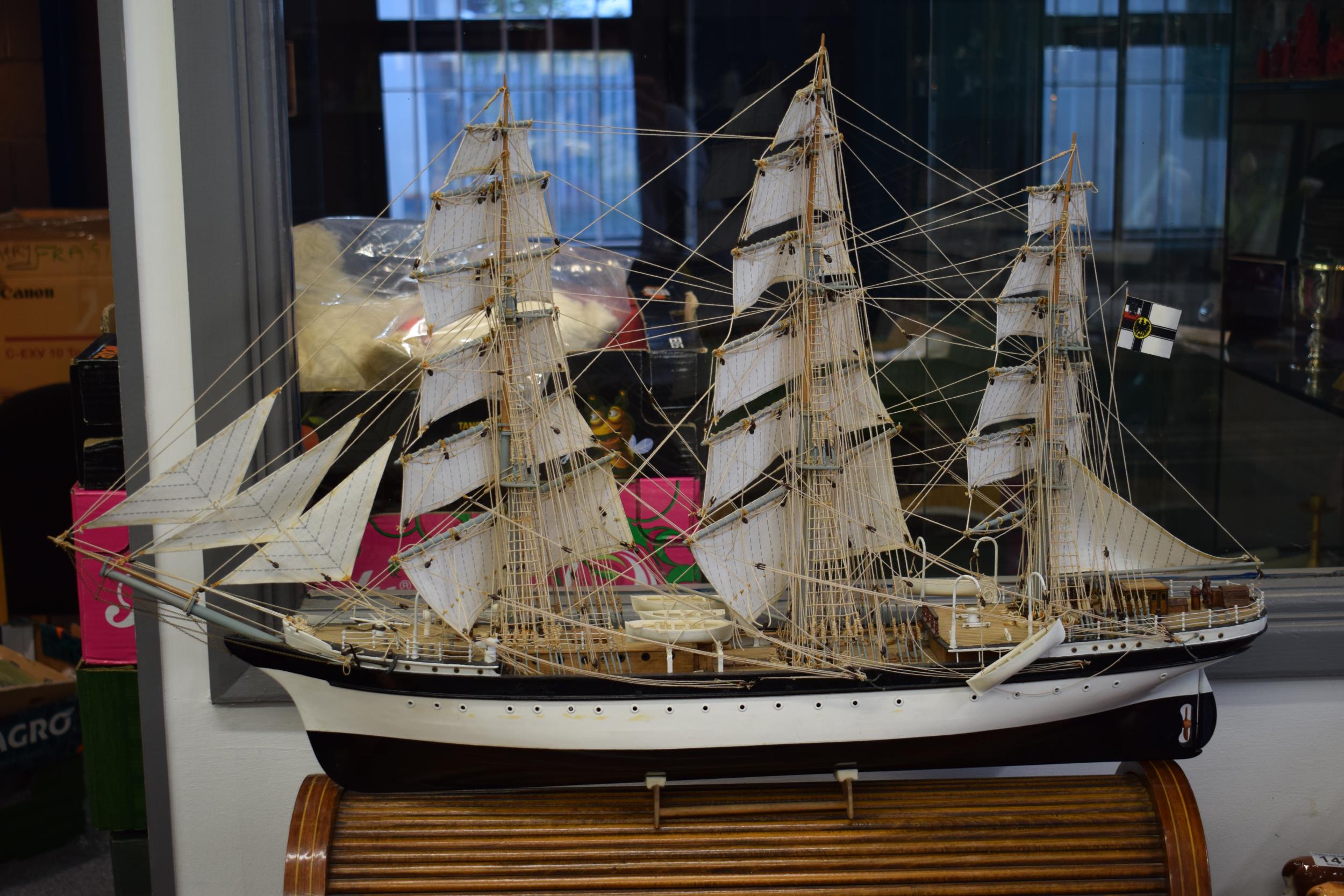 Kit built model of a sailing vessel / galleon, with German flag, mounted onto wooden stand, mostly - Image 2 of 10
