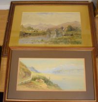 An Italian Watercolour by Frank Calano of an Italian coastal scene, 23cm x 48cm, with a J W