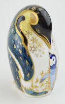Royal Crown Derby paperweight, Penguin and Chick, date code for 1998 (LXI), gold stopper and red