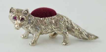 Sterling silver pin cushion with red velvet cushion, in the form of a fox 6cm long, modern.