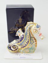 Boxed Royal Crown Derby Coral Seahorse, first quality with gold stopper, with certificate. In good