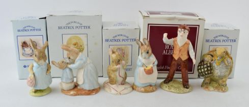 Royal Albert Beatrix Potter boxed figures to include 'Mr McGregor', 'Mrs Rabbit and Peter', 'No More