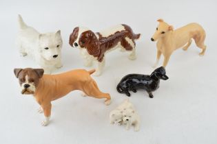 Beswick dogs to include a spaniel, a matte boxer, a greyhound (chipped ear), a dachshund and westies