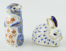 Royal Crown Derby Paperweights Chipmunk together with Rabbit (blue and white). Height 10.5cm. (2)