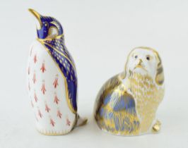 Two Royal Crown Derby paperweights, Spaniel Dog and Penguin. First Quality with gold stoppers. (2)