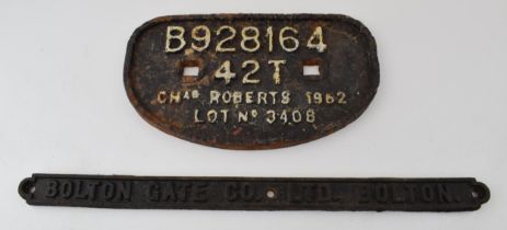 Railway Wagon Works cast iron railway plate 'B928164 42T Chas Roberts 1962' together with another