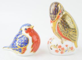 Royal Crown Derby paperweights Kingfisher (12cm) and Robin (8cm) both with gold stoppers. (2) Of
