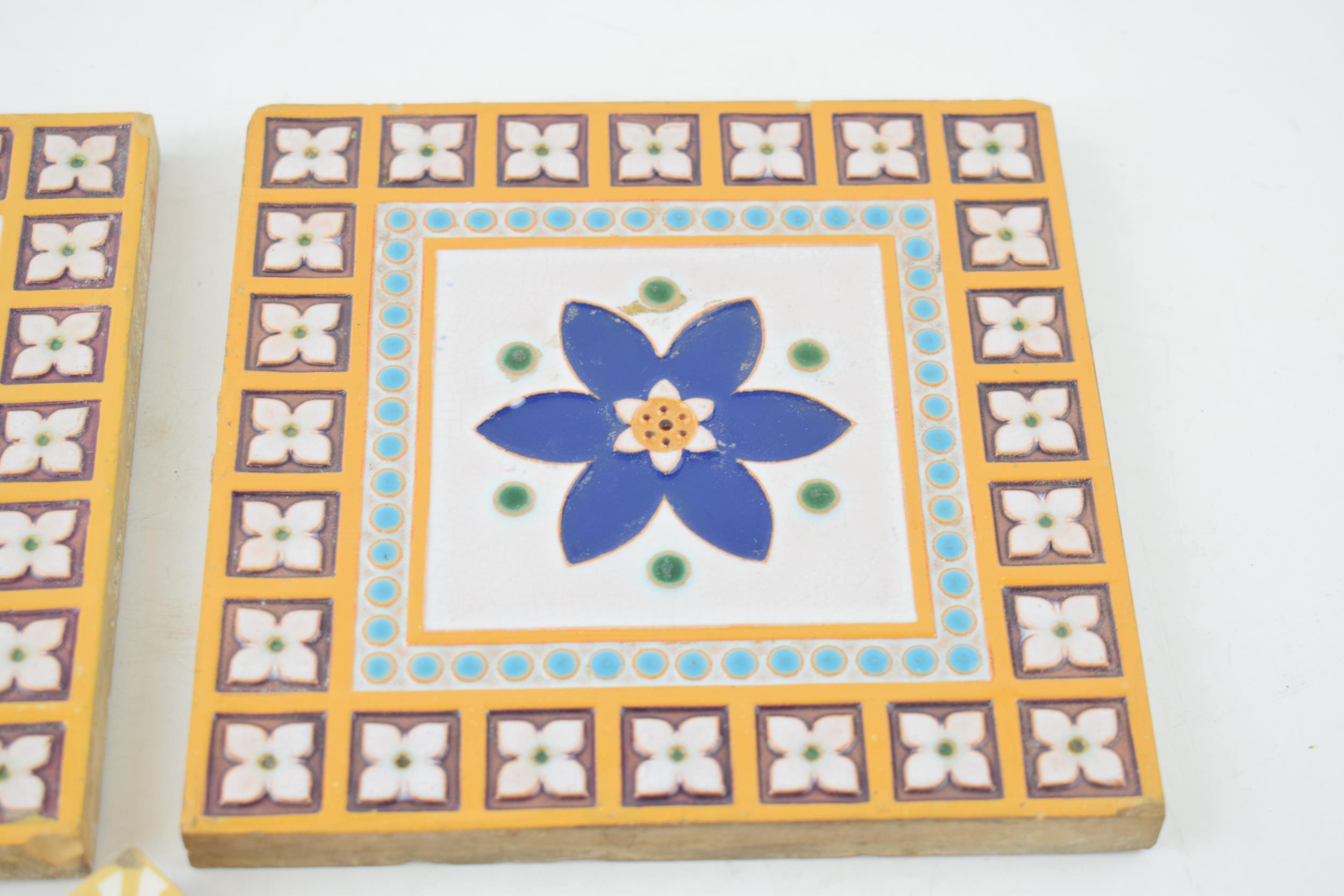 Two 6" Minton & Co, Stoke on Trent glazed tiles with central blue floral design and repeated boarder - Image 3 of 6