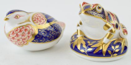 Two Royal Crown Derby paperweights, Frog and Quail. First Quality with gold stoppers. (2) Height