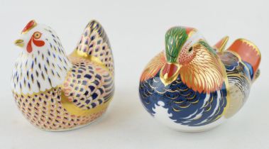Two Royal Crown Derby paperweights, Chicken, date code for 1996 (LIX), gold stopper, red Royal Crown