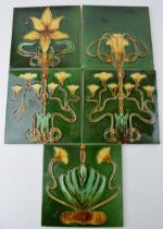 Five Victorian Art Nouveaux tiles with green ground. (5) In good condition with very minor nibbles