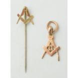 A 9ct gold masonic pendant, 1.0 grams, with a 9ct gold masonic stick pin, metal pin, 0.5 grams (2).