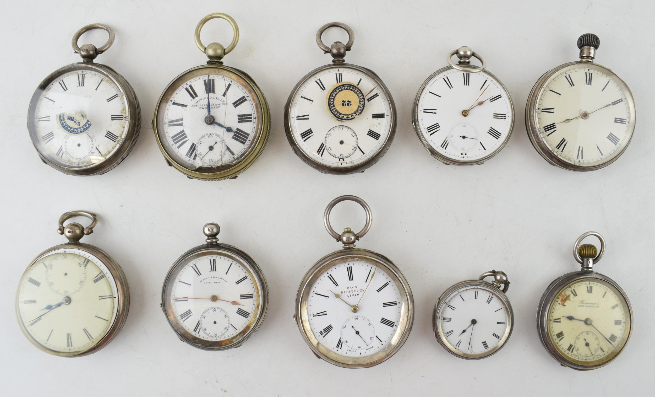 A collection of silver antique pocket watches a/f to include 1 plated example. (10)