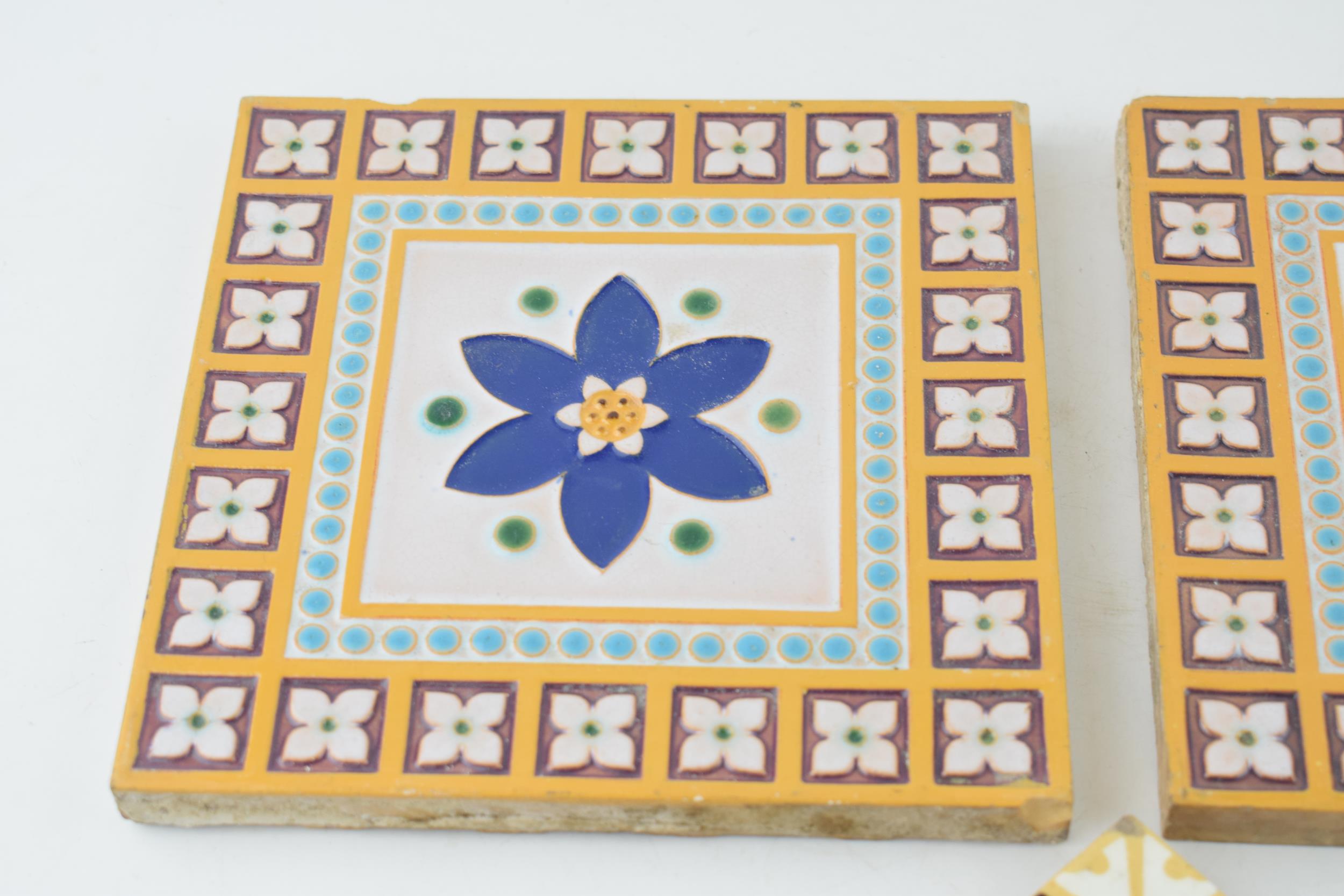 Two 6" Minton & Co, Stoke on Trent glazed tiles with central blue floral design and repeated boarder - Image 4 of 6