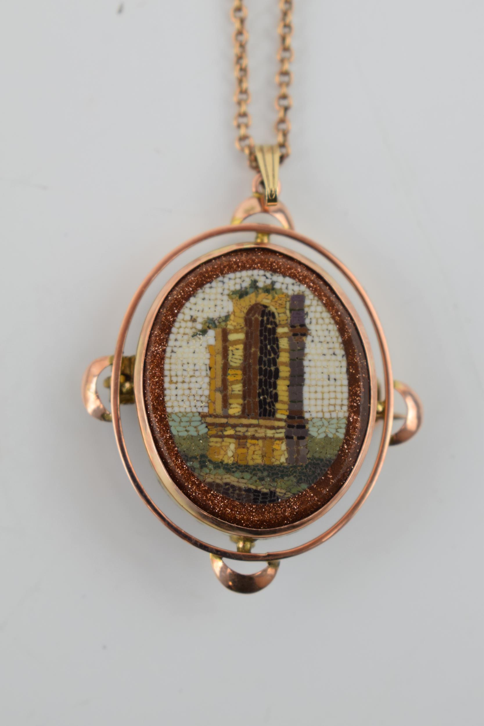 Victorian 9ct gold chain with 9ct gold mount, with micro-mosaic of a grand tour ruin, total weight - Image 3 of 4